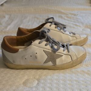 Golden Goose White Leather Sneakers with Brown Heel and Gray Star
